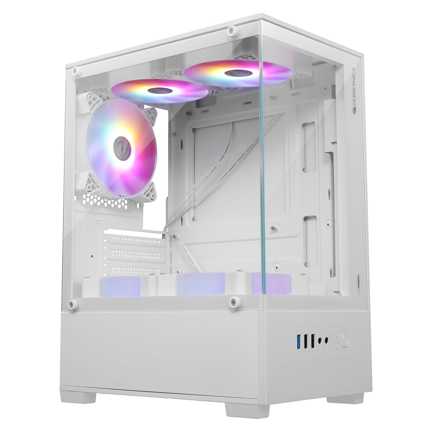 ZEBRONICS Iceberg Premium Gaming Chassis with Support for mATX | Mini ITX, Wraparound Tempered Glass, 120mm Multicolor LED Ring Fans, Top Magnetic Dust.
