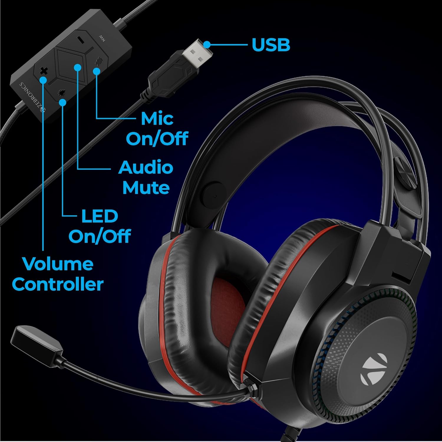 Zebronics Premium Wired USB Gaming Headphone, Simulated 7.1 Surround Sound, 40mm Neodymium Drivers, Windows Software, EQ, Flexible Mic, Multicolor, 2m Braided Cable, Ear Cushion, PC & Laptop (Jet 7.1)