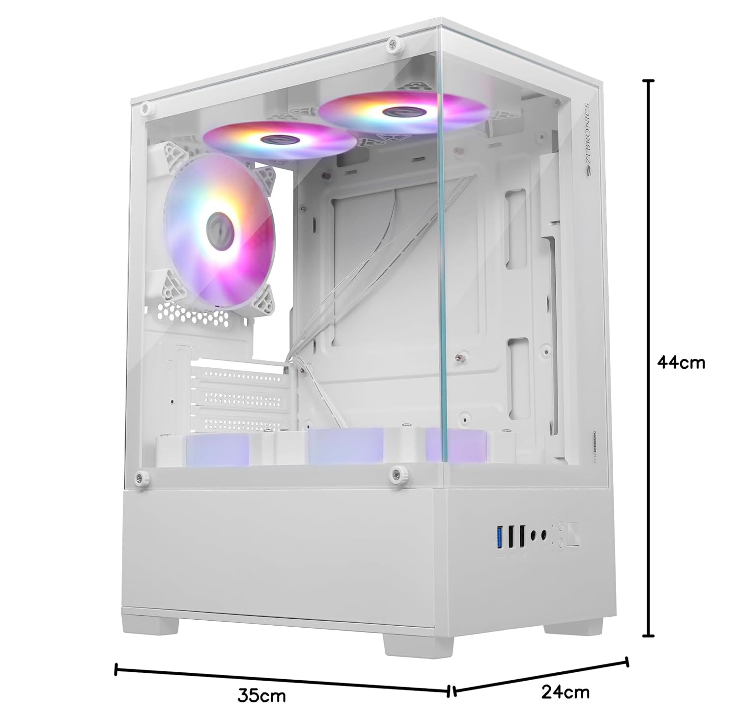 ZEBRONICS Iceberg Premium Gaming Chassis with Support for mATX | Mini ITX, Wraparound Tempered Glass, 120mm Multicolor LED Ring Fans, Top Magnetic Dust.