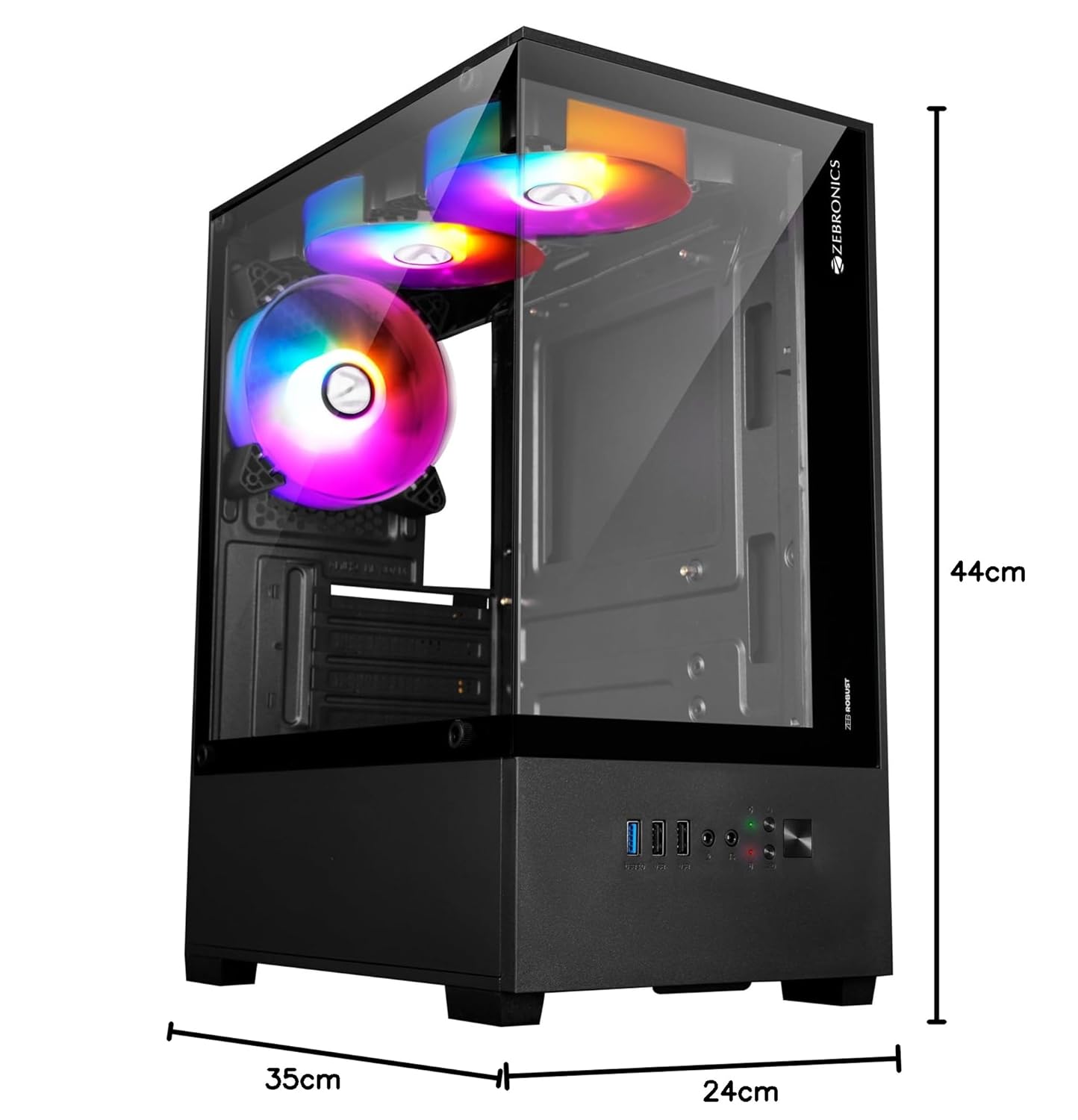 ZEBRONICS ROBUST Premium Gaming Chassis with support for mATX | Mini ITX, Wraparound Tempered Glass, 120mm Multicolor LED Ring Fans, Top Magnetic Dust.
