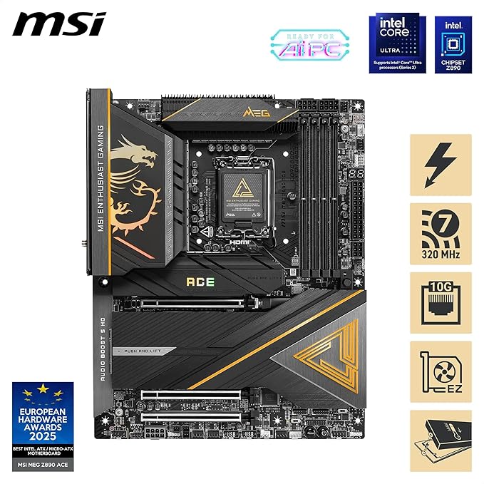 MSI MEG Z890 ACE Motherboard, ATX - Supports Intel Core Ultra Processors, LGA 1851, DDR5 6400+MHz/OC, PCIe 5.0 & 4.0 x16, M.2 Gen5, Marvell AQC113CS 10G LAN, Wi-Fi 7, Thunderbolt 4