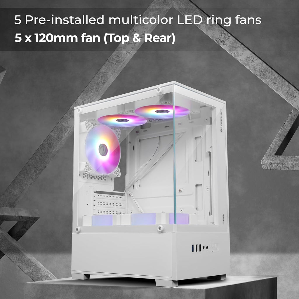 ZEBRONICS Iceberg Premium Gaming Chassis with Support for mATX | Mini ITX, Wraparound Tempered Glass, 120mm Multicolor LED Ring Fans, Top Magnetic Dust.