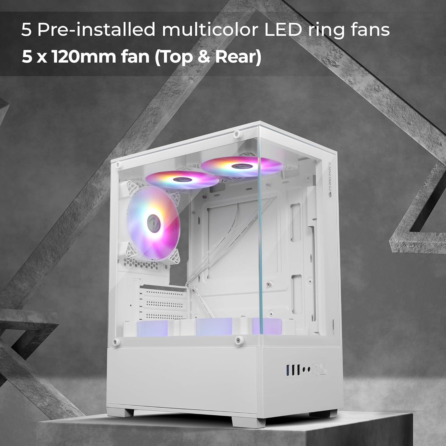 ZEBRONICS Iceberg Premium Gaming Chassis with Support for mATX | Mini ITX, Wraparound Tempered Glass, 120mm Multicolor LED Ring Fans, Top Magnetic Dust.